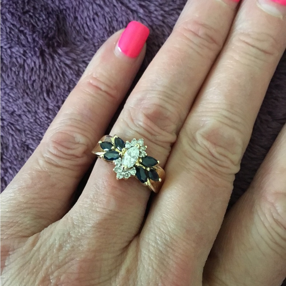 14K Solid Yellow Gold Natural Blue Diamond & Blue Sapphire Ring- Size 7